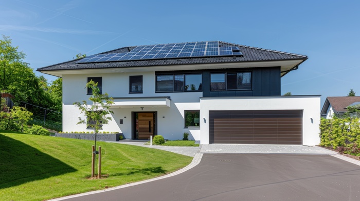 A modern, white house with a black roof and solar panels on the roof, a green lawn, and a paved driveway