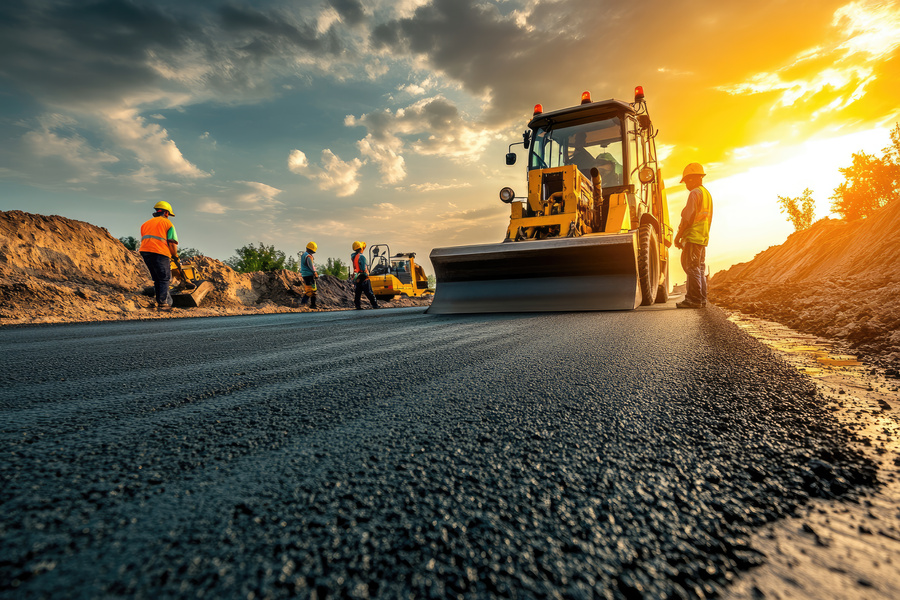 asphalt paving workers and road equipment building new road