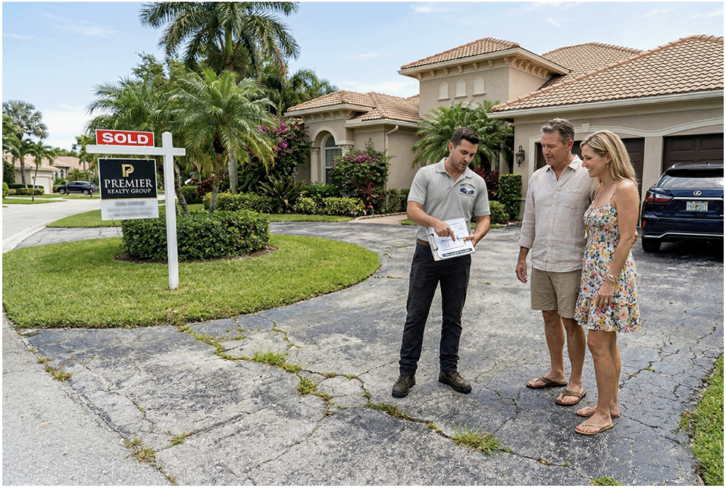 A Trinity Asphalt Paving representative going over an asphalt driveway replacement quote with a couple in their Boca Raton driveway.