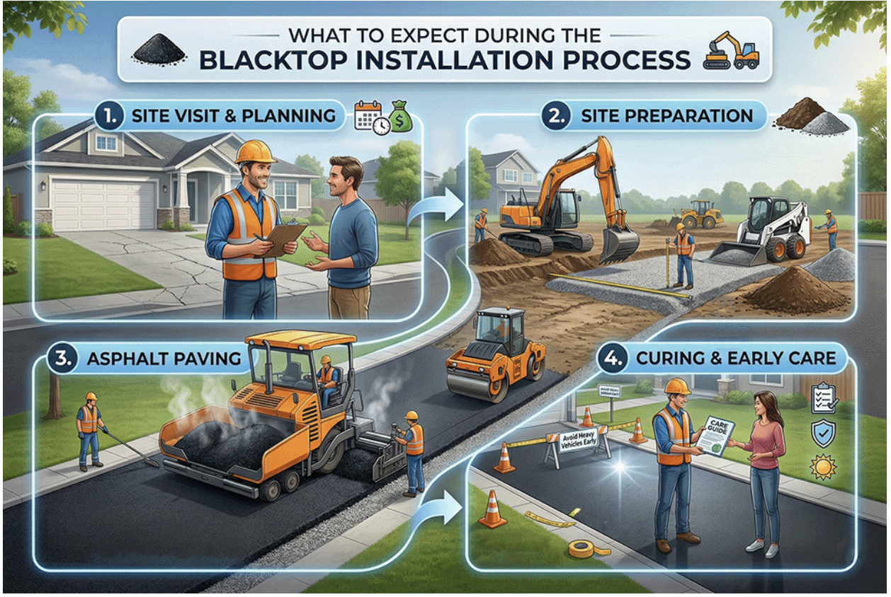 an illustrated infographic showing the blacktop installation process.