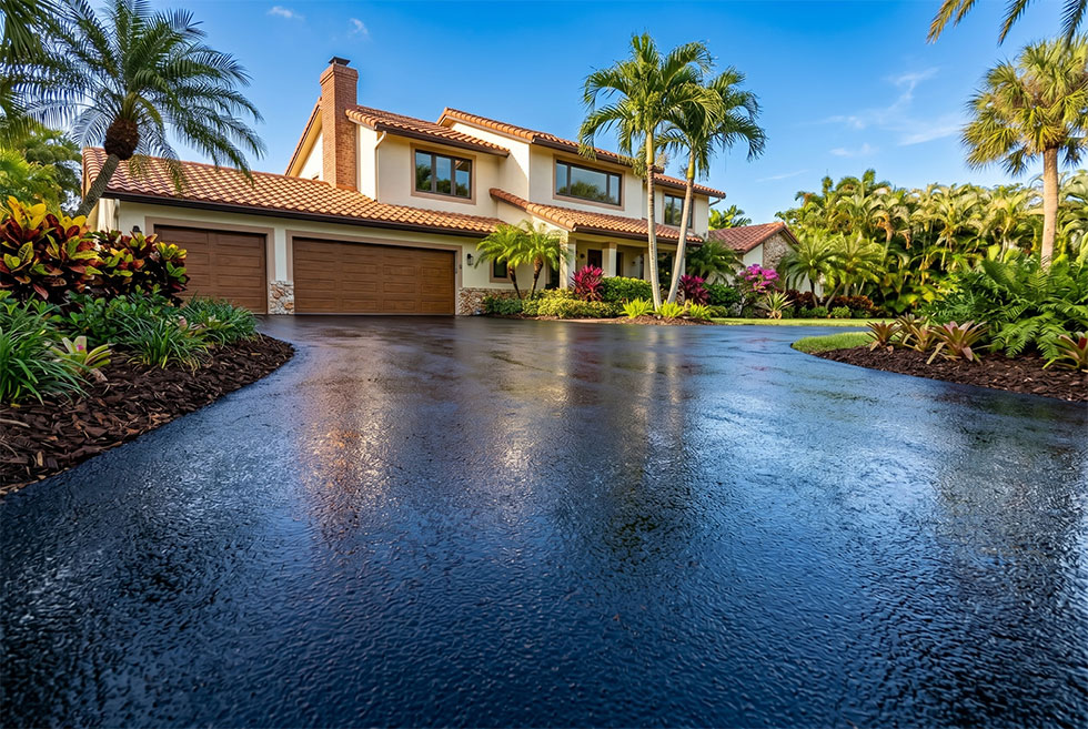 A West Palm Beach home with a fresh layer of Seal Coat on its driveway.