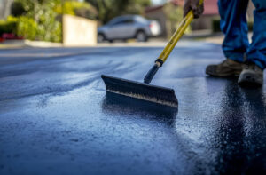A Delray Beach home getting a seal coat on its driveway from Trinity Asphaly Paving.