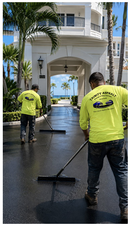 Black Beauty Sealcoat applied by Trinity Asphalt workers at a beachside West Palm Beach condo driveway.