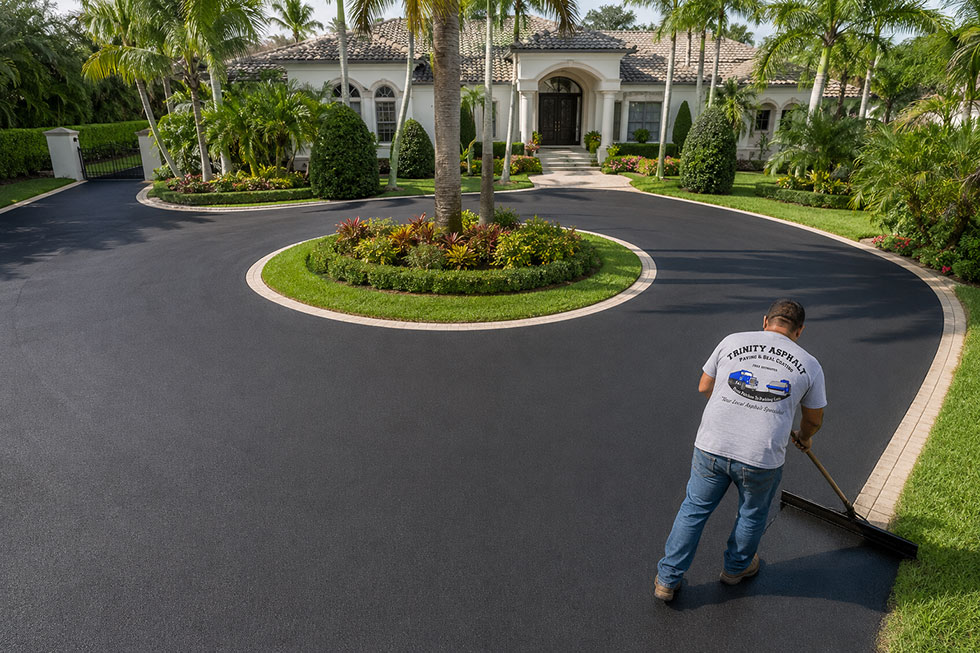 A man from Trinity Asphalt and Paving is applying Black Beauty Sealcoat to a West Palm Beach driveway.