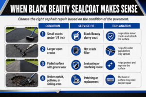 Black Beauty Sealcoat infographic showing when to use slurry coat, hot crack filler, sealcoating, resurfacing, patching, or asphalt replacement.