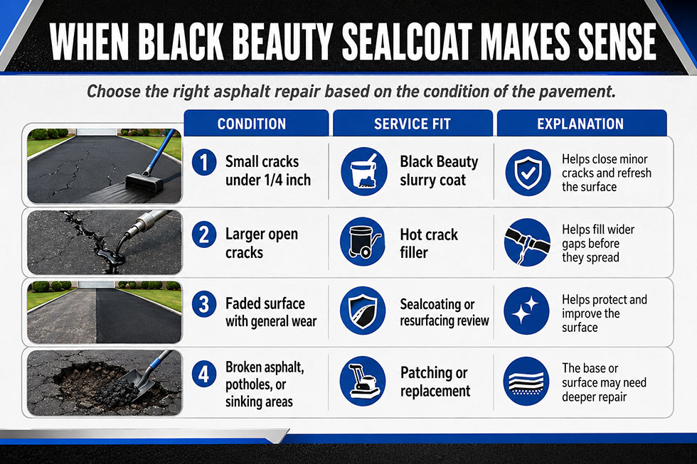 Black Beauty Sealcoat infographic showing when to use slurry coat, hot crack filler, sealcoating, resurfacing, patching, or asphalt replacement.