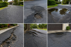 Collage showing cracked asphalt, potholes, standing water, crumbling edges, tree root damage, and sinking pavement on old driveways.