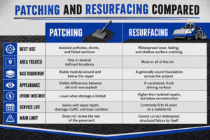 An illustrated infographic comparing parking lot patching vs resurfacing.