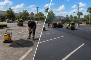 Asphalt parking lot patching and resurfacing by Trinity Asphalt at a South Florida shopping center.