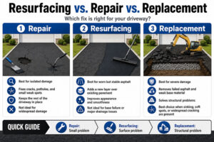Illustrated comparison graphic showing driveway resurfacing vs repair vs replacement, including when each asphalt solution makes sense for damaged driveways.