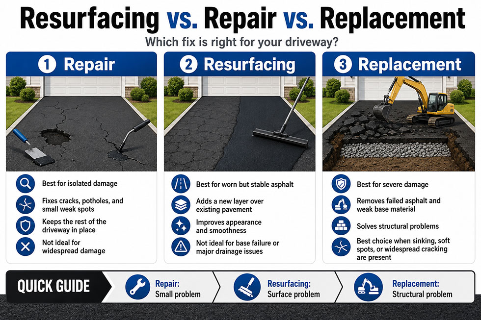 Illustrated comparison graphic showing driveway resurfacing vs repair vs replacement, including when each asphalt solution makes sense for damaged driveways.