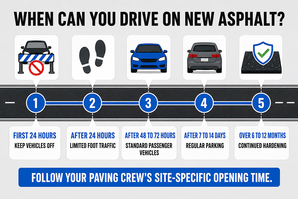 Infographic showing when you can drive on new asphalt, including safe times for foot traffic, passenger vehicles, parking, and continued hardening.