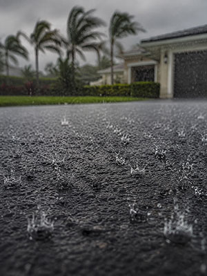 Heavy rain splashing on a new asphalt driveway during a South Florida storm.