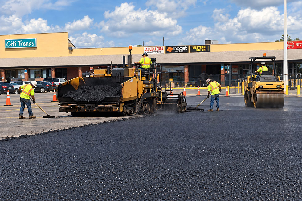 Parking-Lot-Paving-Shopping-Center Trinity Asphalt Paving crew laying and compacting fresh asphalt in a shopping center parking lot.
